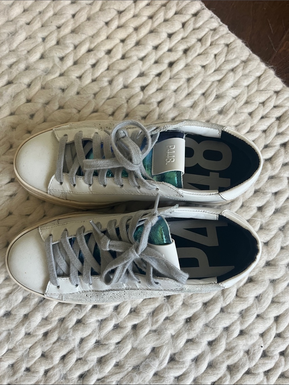 P448 Women’s White Leather Sneakers with aqua iridescent   Tongue